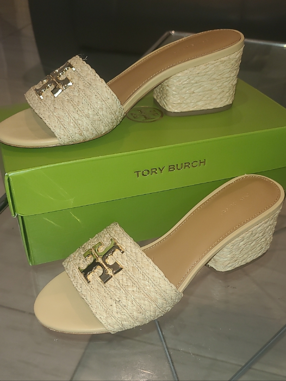 Tory Burch Cream Raffia Slide Mules with Gold Logo